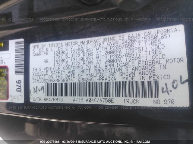 3TMJU62N58M058974 - 2008 TOYOTA TACOMA DOUBLE CAB PRERUNNER BLUE photo 9