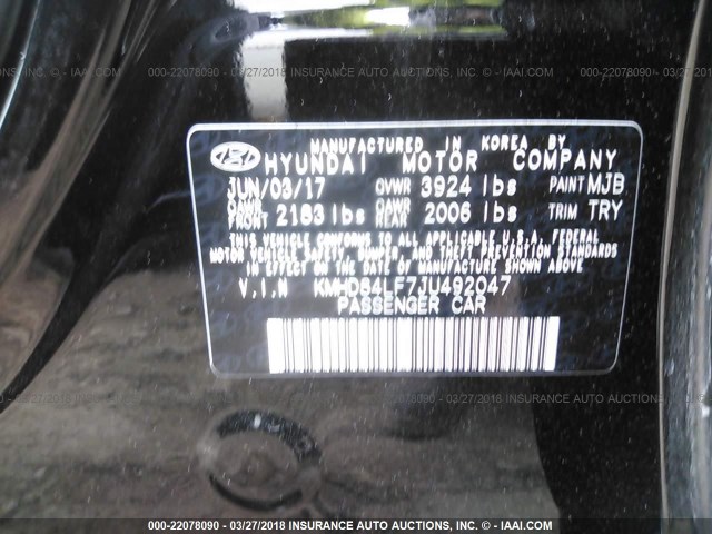 KMHD84LF7JU492047 - 2018 HYUNDAI ELANTRA SEL/VALUE/LIMITED BLACK photo 9