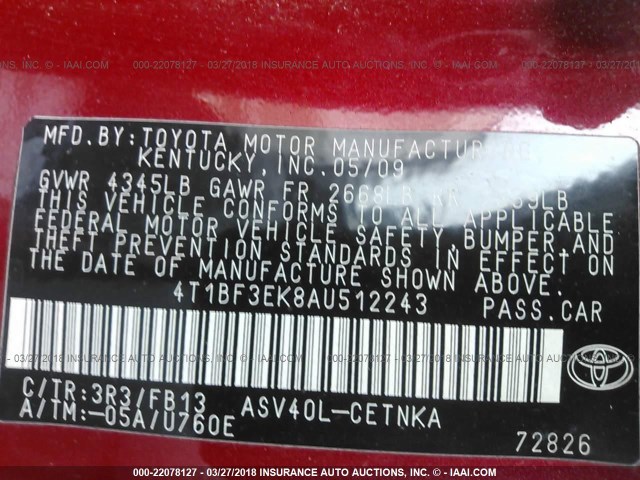 4T1BF3EK8AU512243 - 2010 TOYOTA CAMRY SE/LE/XLE Красный фото 9