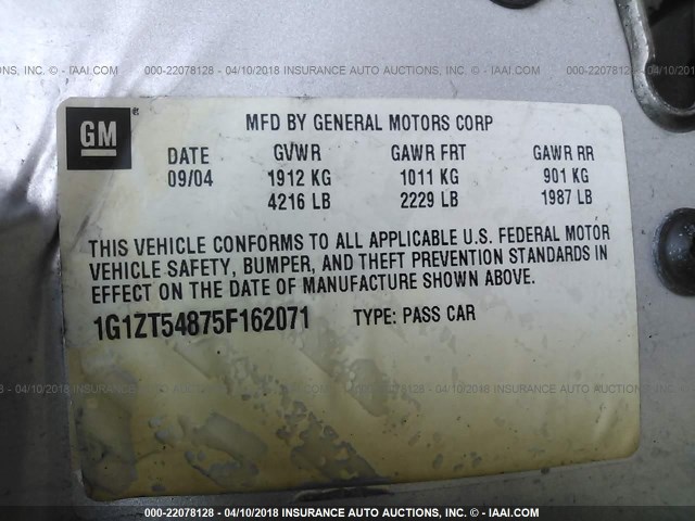 1G1ZT54875F162071 - 2005 CHEVROLET MALIBU LS 银色 照片 9