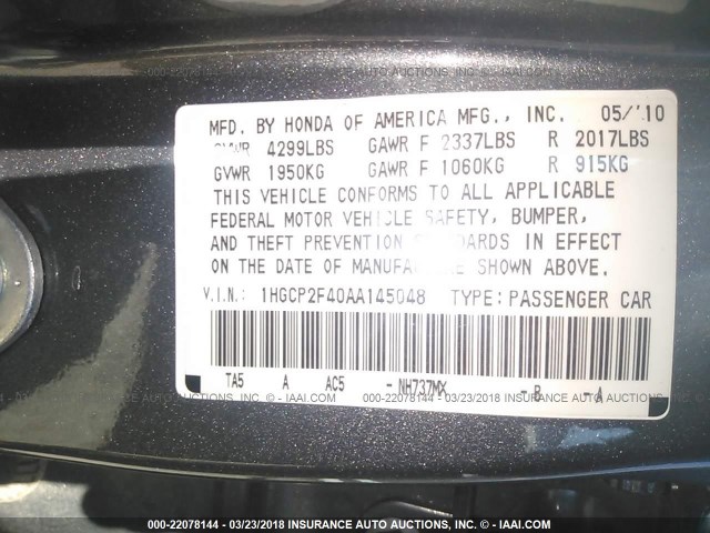 1HGCP2F40AA145048 - 2010 HONDA ACCORD LXP GRAY photo 9