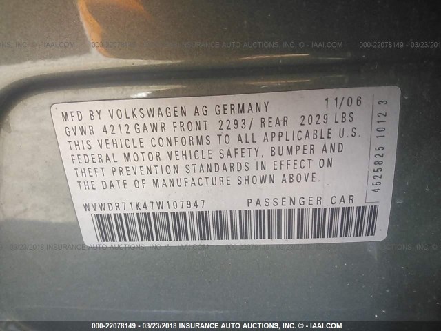 WVWDR71K47W107947 - 2007 VOLKSWAGEN RABBIT GRAY photo 9