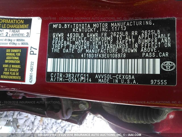 4T1BD1FK9EU108978 - 2014 TOYOTA CAMRY HYBRID/LE/XLE წითელი ფოტო 9