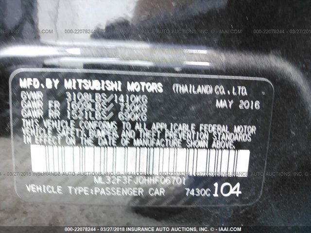 ML32F3FJ0HHF06701 - 2017 MITSUBISHI MIRAGE G4 ES Qara foto 9