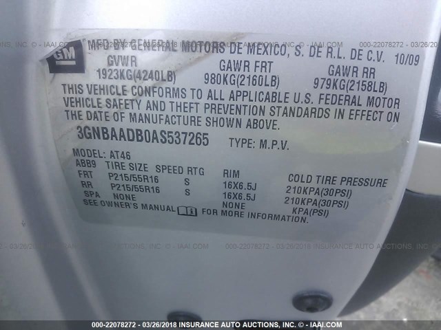 3GNBAADB0AS537265 - 2010 CHEVROLET HHR LS SILVER photo 9