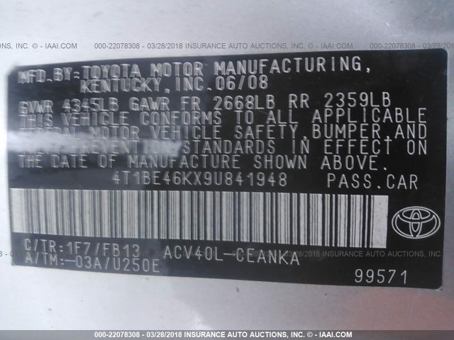 4T1BE46KX9U841948 - 2009 TOYOTA CAMRY SE/LE/XLE SILVER photo 9