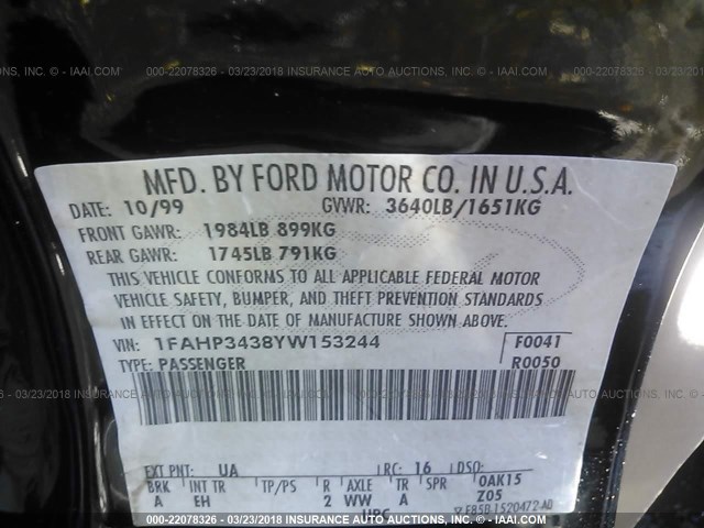 1FAHP3438YW153244 - 2000 FORD FOCUS SE/SE SPORT BLACK photo 9