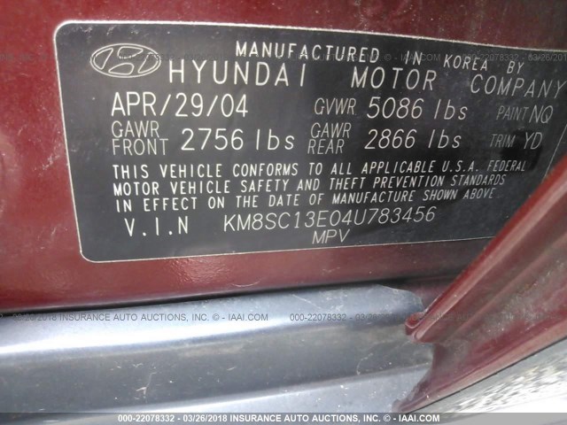 KM8SC13E04U783456 - 2004 HYUNDAI SANTA FE GLS/LX MAROON photo 9