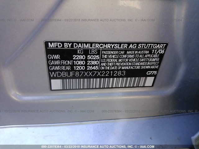 WDBUF87XX7X221283 - 2007 MERCEDES-BENZ E 350 4MATIC SILVER photo 9