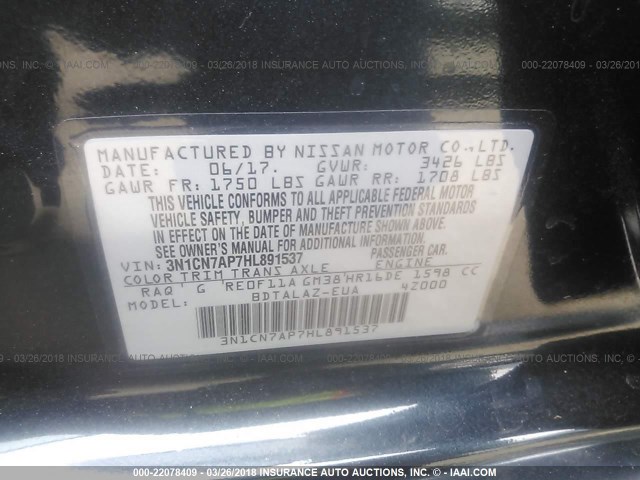 3N1CN7AP7HL891537 - 2017 NISSAN VERSA S/S PLUS/SV/SL Dark Blue photo 9