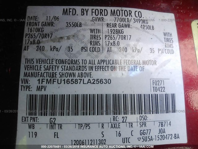 1FMFU16587LA25630 - 2007 FORD EXPEDITION XLT RED photo 9