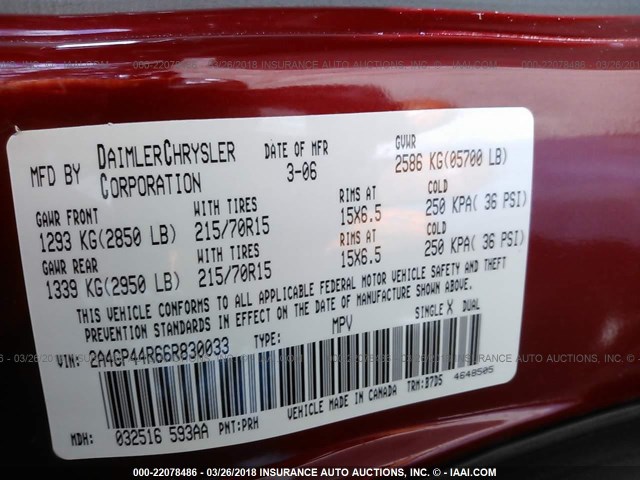 2A4GP44R66R830033 - 2006 CHRYSLER TOWN & COUNTRY LX RED photo 9