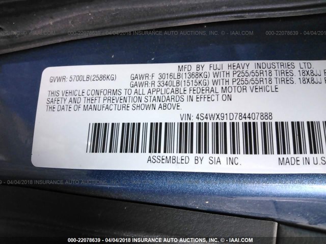 4S4WX91D784407888 - 2008 SUBARU TRIBECA BLUE photo 9