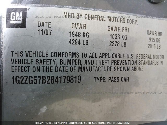 1G2ZG57B284179819 - 2008 PONTIAC G6 SE GRAY photo 9