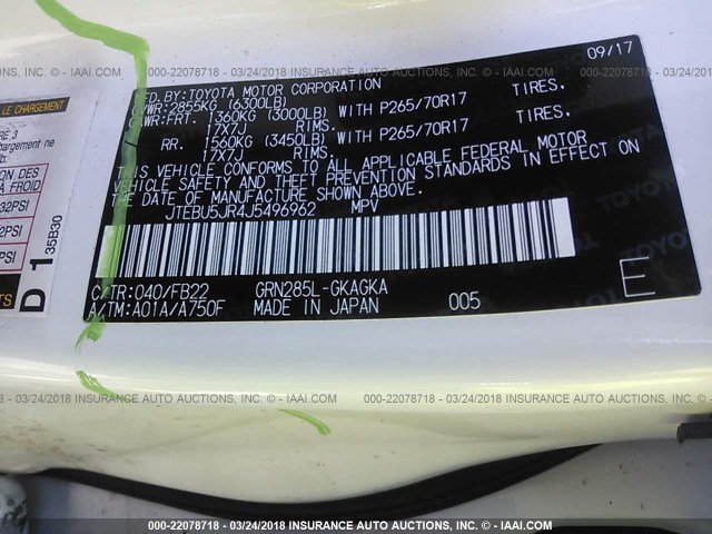 JTEBU5JR4J5496962 - 2018 TOYOTA 4RUNNER SR5 PREM/LTDL/TRAIL/TRD Biały zdjęcie 9