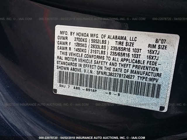 5FNRL38227B124627 - 2007 HONDA ODYSSEY LX BLUE photo 9