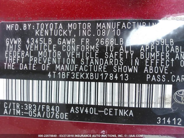 4T1BF3EKXBU178413 - 2011 TOYOTA CAMRY SE/LE/XLE Красный фото 9
