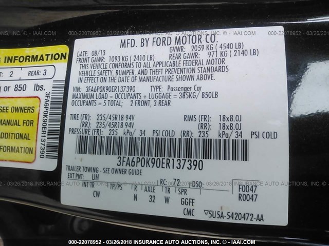 3FA6P0K90ER137390 - 2014 FORD FUSION TITANIUM BLACK photo 9