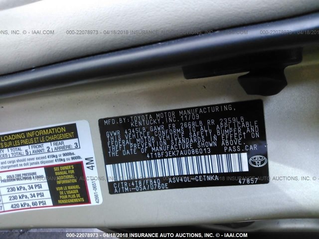 4T1BF3EK7AU086013 - 2010 TOYOTA CAMRY SE/LE/XLE GOLD photo 9