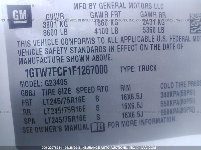 1GTW7FCF1F1267000 - 2015 GMC SAVANA G2500 WHITE photo 9