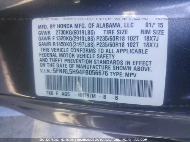 5FNRL5H94FB056676 - 2015 HONDA ODYSSEY TOURING/TOURING ELITE GRAY photo 9