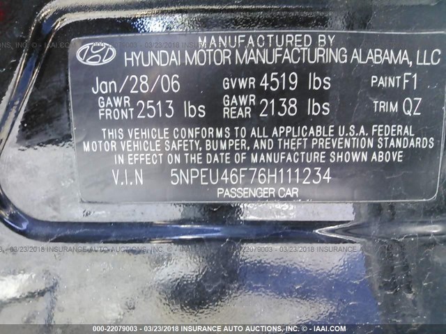 5NPEU46F76H111234 - 2006 HYUNDAI SONATA GLS/LX BLACK photo 9