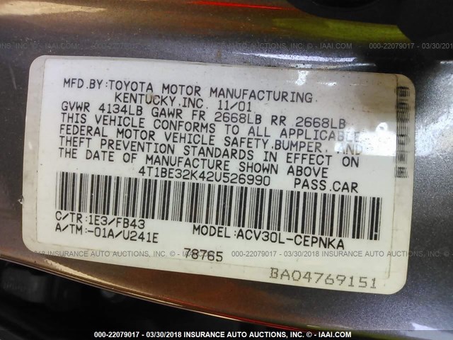 4T1BE32K42U526990 - 2002 TOYOTA CAMRY LE/XLE/SE GRAY photo 9