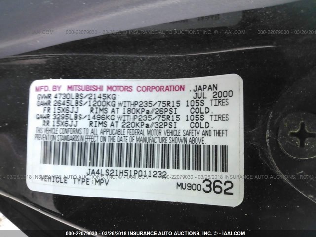 JA4LS21H51P011232 - 2001 MITSUBISHI MONTERO SPORT ES/SPORT LS BLACK photo 9