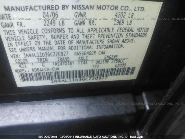 1N4AL11D36C220927 - 2006 NISSAN ALTIMA S/SL GRAY photo 9