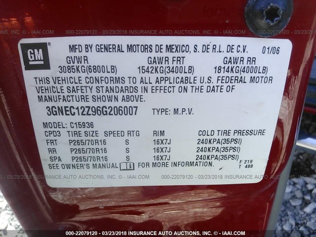 3GNEC12Z96G206007 - 2006 CHEVROLET AVALANCHE C1500 RED photo 9