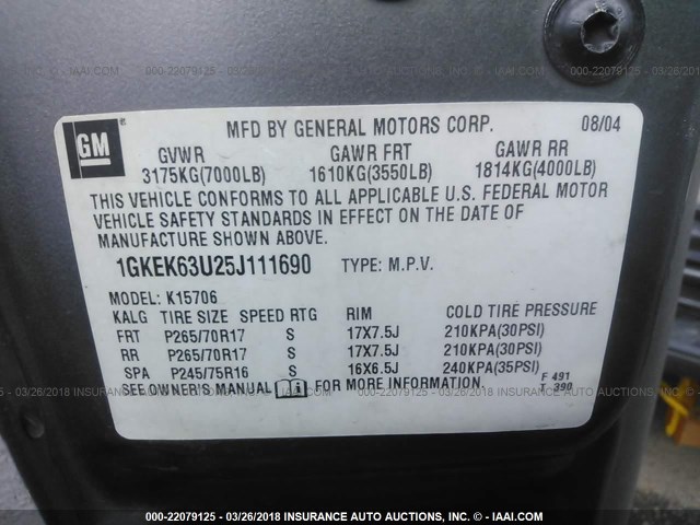 1GKEK63U25J111690 - 2005 GMC YUKON DENALI GRAY photo 9