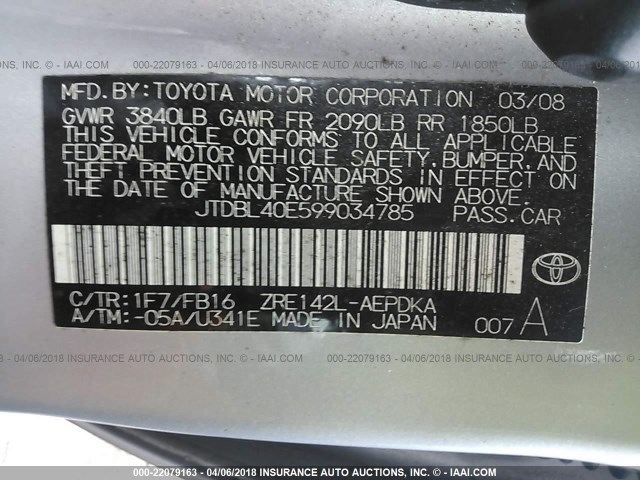 JTDBL40E599034785 - 2009 TOYOTA COROLLA LE/XLE SILVER photo 9