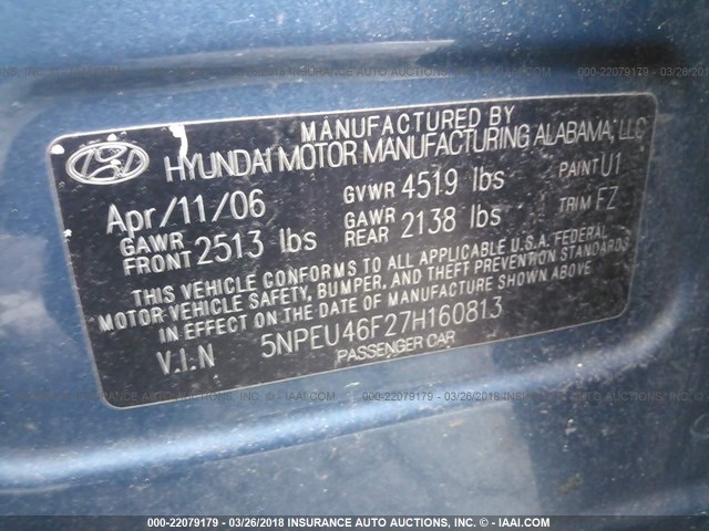 5NPEU46F27H160813 - 2007 HYUNDAI SONATA SE/LIMITED BLUE photo 9