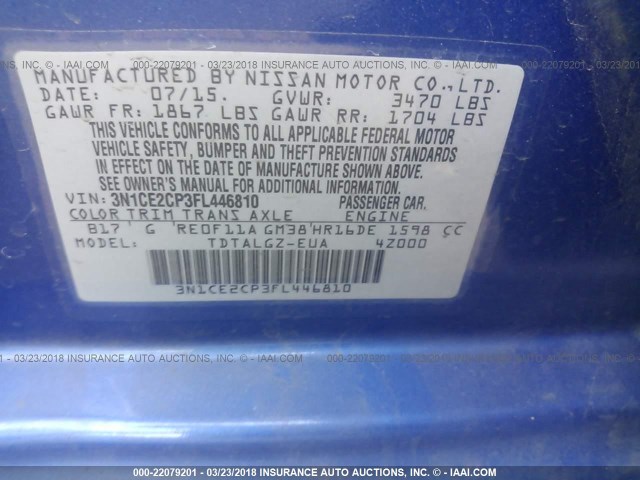 3N1CE2CP3FL446810 - 2015 NISSAN VERSA NOTE S/S PLUS/SV/SL/SR BLUE photo 9