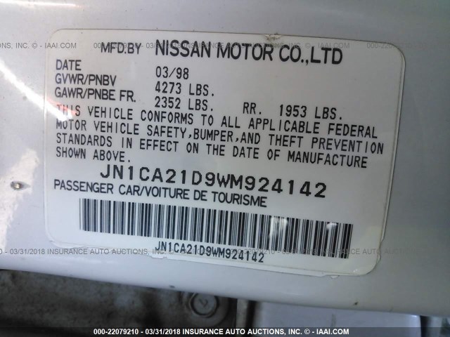 JN1CA21D9WM924142 - 1998 NISSAN MAXIMA GLE/GXE/SE WHITE photo 9