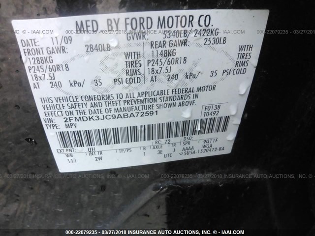 2FMDK3JC9ABA72591 - 2010 FORD EDGE SEL BLACK photo 9