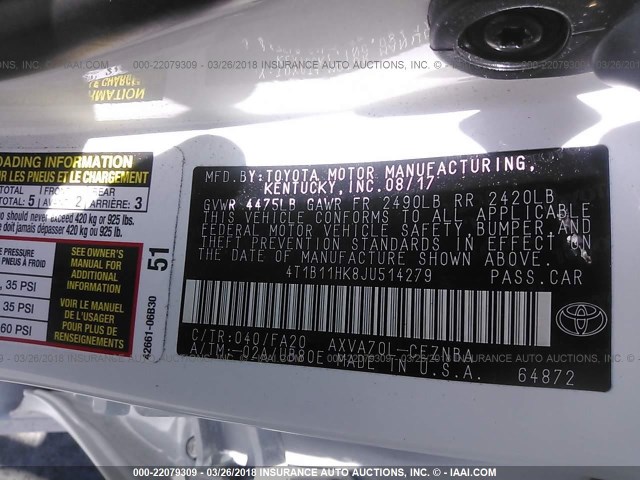 4T1B11HK8JU514279 - 2018 TOYOTA CAMRY L/LE/XLE/SE/XSE WHITE photo 9