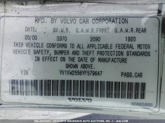 YV1VW2556YF579647 - 2000 VOLVO V40 WHITE photo 9