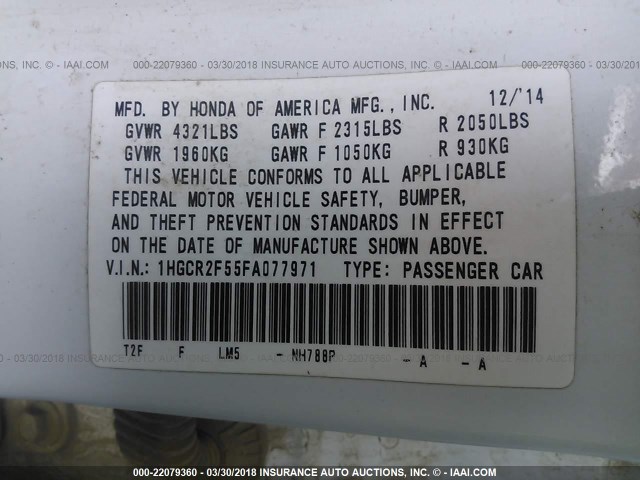 1HGCR2F55FA077971 - 2015 HONDA ACCORD SPORT 白色 照片 9