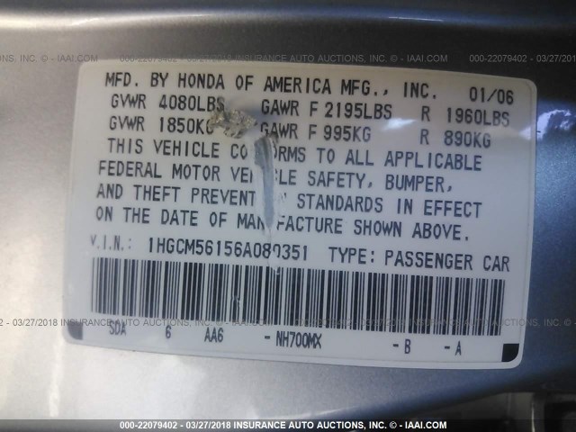 1HGCM56156A080351 - 2006 HONDA ACCORD VALUE SILVER photo 9