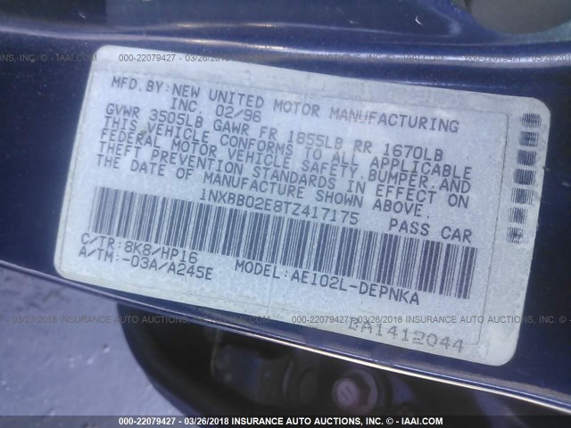 1NXBB02E8TZ417175 - 1996 TOYOTA COROLLA DX BLUE photo 9