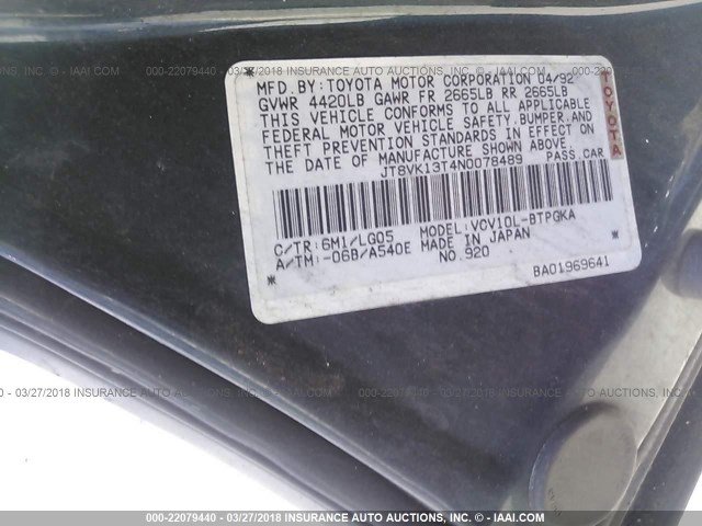 JT8VK13T4N0078489 - 1992 LEXUS ES 300 GREEN photo 9