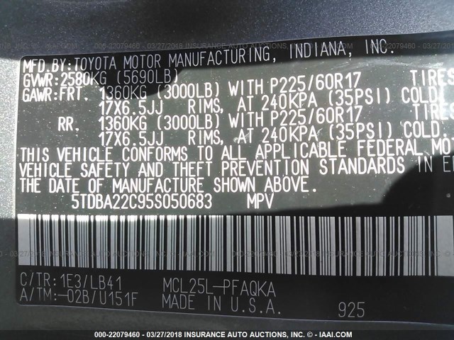 5TDBA22C95S050683 - 2005 TOYOTA SIENNA XLE/XLE LIMITED GRAY photo 9