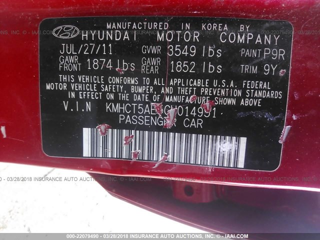 KMHCT5AE5CU014951 - 2012 HYUNDAI ACCENT GLS/GS RED photo 9