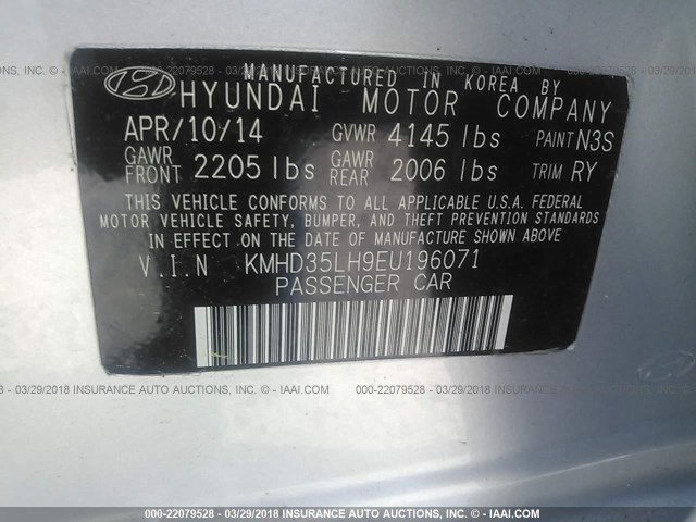 KMHD35LH9EU196071 - 2014 HYUNDAI ELANTRA GT SILVER photo 9