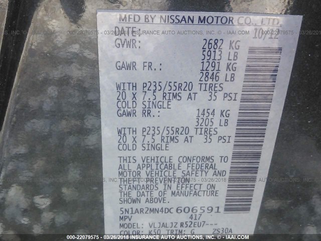 5N1AR2MN4DC606591 - 2013 NISSAN PATHFINDER S/SV/SL/PLATINUM 灰色 照片 9