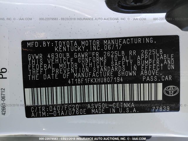 4T1BF1FKXHU807194 - 2017 TOYOTA CAMRY LE/XLE/SE/XSE WHITE photo 9