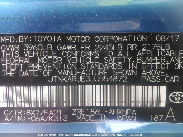 JTNKARJE3JJ554872 - 2018 TOYOTA COROLLA IM BLUE photo 9