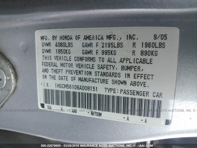 1HGCM56106A008151 - 2006 HONDA ACCORD VALUE SILVER photo 9