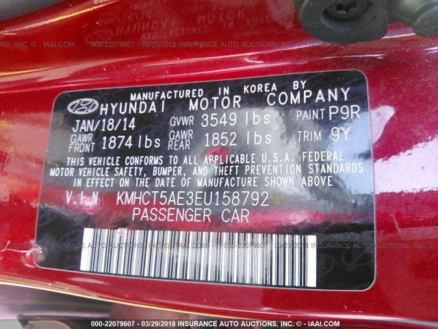 KMHCT5AE3EU158792 - 2014 HYUNDAI ACCENT GLS/GS RED photo 9